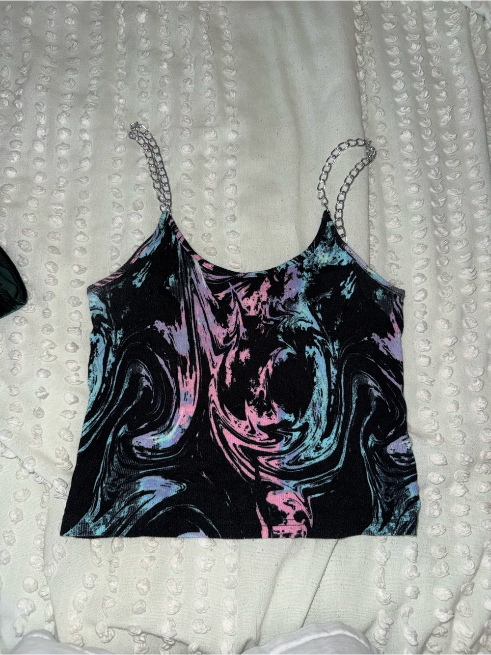 Chain-Strap Marble Print Crop Top - Black with Pink & Blue Swirl